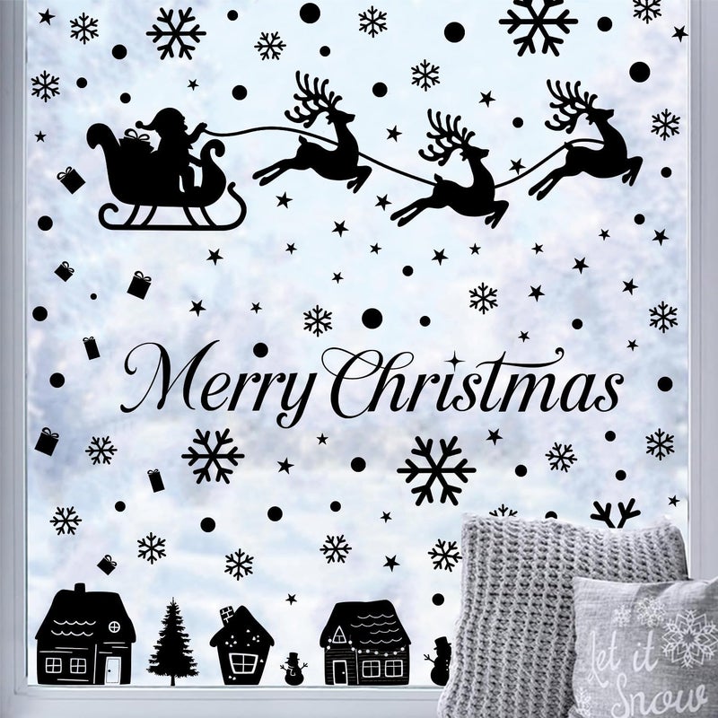 Kasubeso Merry Christmas Wall Decals, Black Santa Reindeer and Snowflake Window Clings, Removable Vinyl Wall Stickers for Holiday Party Bedroom Living Room Offices Home Decoration - Image 1